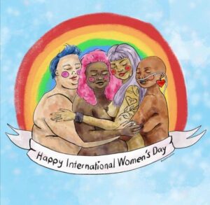 A piece of artwork showing a diverse range of people embracing and celebrating international womens day