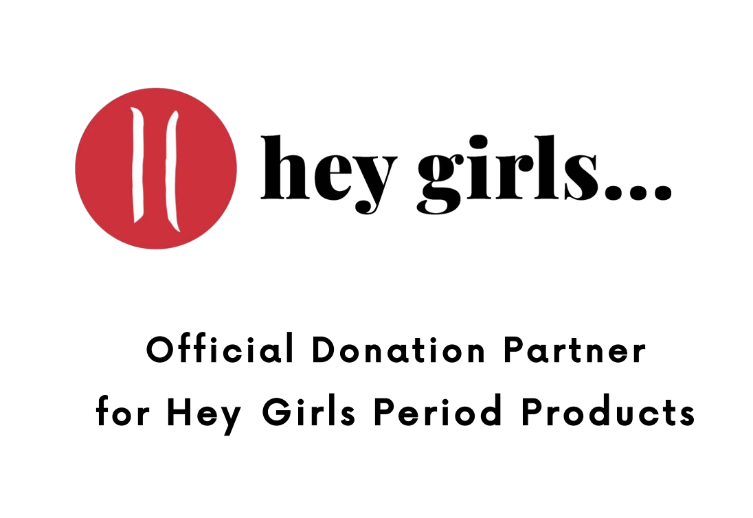 Hey girls red and black logo with the writing official donation partner.