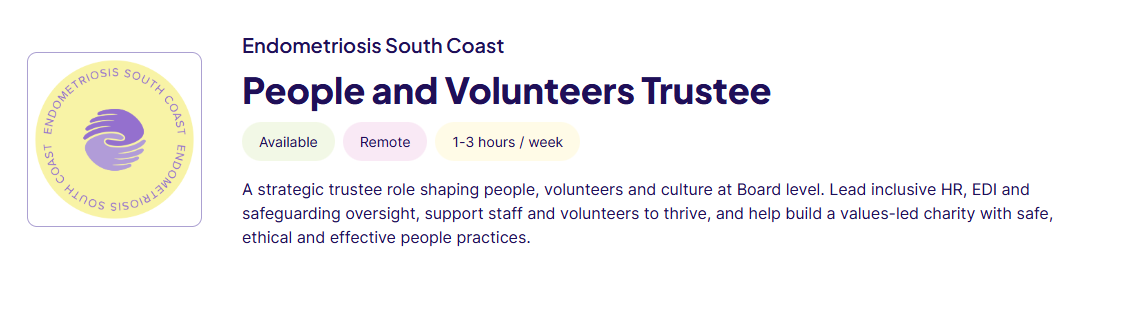 Text on green background saying Volunteer manager. Endometriosis South Coast. Ongoing role. Alongside Endometriosis South Coast Logo.