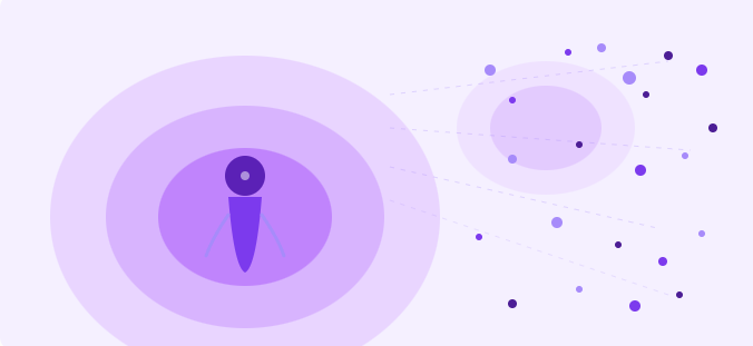 Abstract illustration of a solitary figure surrounded by concentric purple rings, with scattered dots fanning outward to the right, representing the hidden complexity of living with endometriosis.